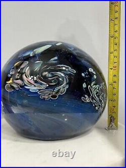 Rollin Karg Large 12 Lb. Blue Dichroic Art Glass Paperweight Signed READ FLAWS