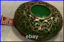 Round Antique/vtg Ormolu French Geeen Opaline Glass Paperweight 3 Preowned