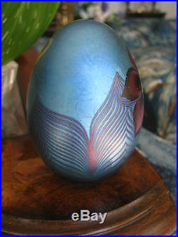 SALE! Vtg ORIENT & FLUME FLORAL PAPERWEIGHT Blue, Feathered, 3, Signed, E94M, 1977