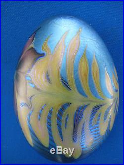 SALE! Vtg ORIENT & FLUME FLORAL PAPERWEIGHT Blue, Feathered, 3, Signed, E94M, 1977