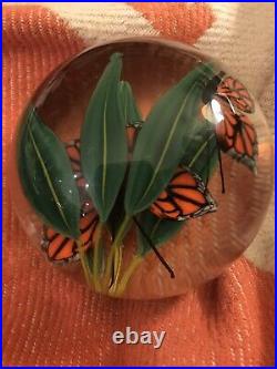 STEVEN LUNDBERG Monarch Butterflies & Bamboo Leaves Signed Paperweight