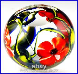 STUNNING 1989 RICHARD OLMA Art Glass Paperweight RED FLOWERS & VINES