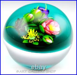 STUNNING 1998 KEN ROSENFELD Art Glass Paperweight CELADON GREEN GROUND & FLOWERS