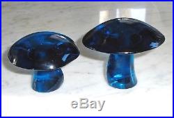 Set of 2 Vintage Cobalt Blue Viking Glass Mushroom Paperweights Med & Large