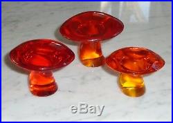 Set of 3 Vintage Persimmon Viking Glass Mushroom Paperweights Small Med & Large
