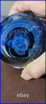 Signed 1983 Early R Strong Cobalt Paperweight Hand Blown Glass Bubbles 3 x 3