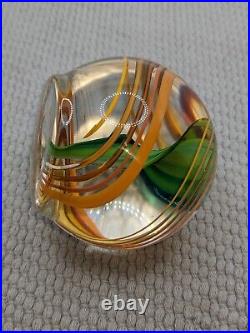 Signed 1986 Mark Matthews Paperweight Handblown Glass Orange Swirl Marble Design