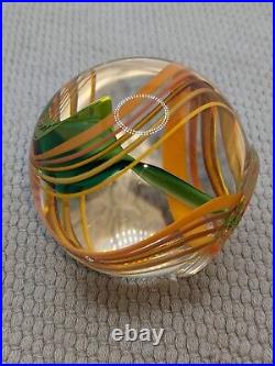 Signed 1986 Mark Matthews Paperweight Handblown Glass Orange Swirl Marble Design