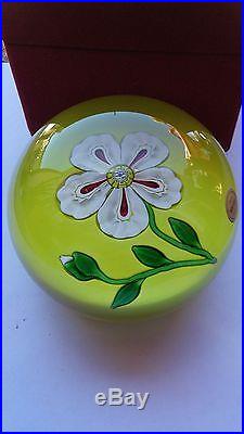 St. Louis Glass Paperweight, HUGE. Clichy Style Flower on a Chartreuse Ground. 1973