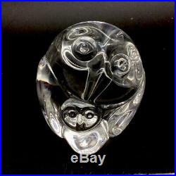 Steuben Owl & Owlet Hand Warmer Paperweight Clear Glass Figurine Vintage Signed