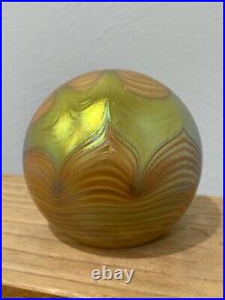Steven Correia Signed Art Glass Paperweight Iridescent Gold Aurene Feather Style