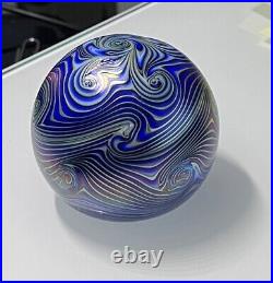 Stuart Abelman Art Glass Iridescent Paperweight Blue Green Swirl 1991