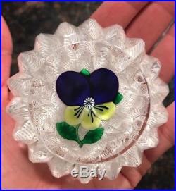 Stunning St Louis Pansy Flower On Lattice Latticinio Paperweight Vtg Art Glass