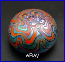 Stunning Vintage Iridescent Art Glass Paperweight Blue and Orange Pulled Feather