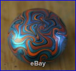Stunning Vintage Iridescent Art Glass Paperweight Blue and Orange Pulled Feather