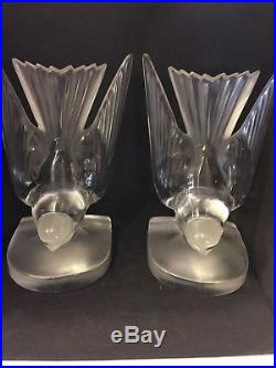 Superb Pair Of Lalique Vintage Frosted Crystal Swallow Bookends Paper Weight