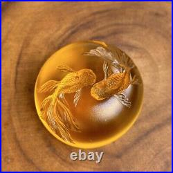 Tittot Art Glass Amber Crystal Signed 3D Paperweight Koi Pond Fish 3 Vtg 1998