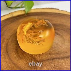 Tittot Art Glass Amber Crystal Signed 3D Paperweight Koi Pond Fish 3 Vtg 1998