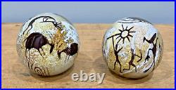 Two Satava Petroglyph Art Glass Paperweights 1993 & 1994 Signed & Dated