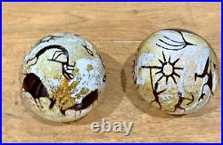 Two Satava Petroglyph Art Glass Paperweights 1993 & 1994 Signed & Dated