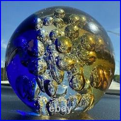 VTG 1950s Murano Blue and Amber Controlled Bubble Paperweight by Galaxy D'Arte