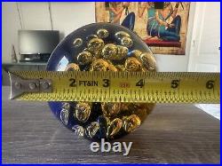 VTG 1950s Murano Blue and Amber Controlled Bubble Paperweight by Galaxy D'Arte