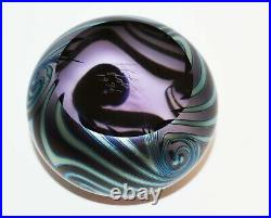 VTG 1986 Signed John Lotton Art Glass Paperweight Purple & Iridescent Swirls