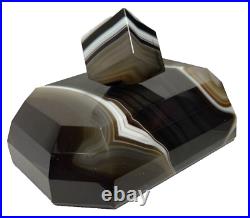 VTG Banded Agate Swirl Paperweight/Desk Sculpture -Facet Cut Dark Light Contrast