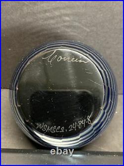 VTG CORREIA Art Glass Paperweight Blue Base Sliver Moon Waves Signed 1984 Rare