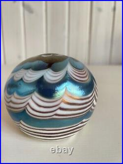 VTG Lundberg Studios Art Glass PaperWeight 1975 Flower Spherical Iridescent Blue