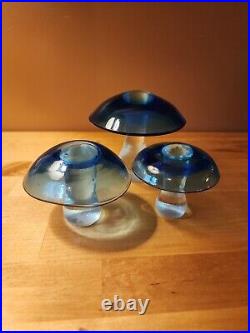 VTG MCM Clear & Blue Art Glass Pilgrim -like Mushroom Paperweight SET OF 3