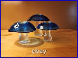 VTG MCM Clear & Blue Art Glass Pilgrim -like Mushroom Paperweight SET OF 3
