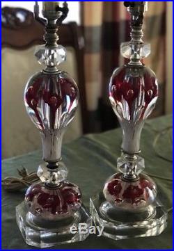 VTG Pair Large Joe St. Clair Art Glass Paperweight Lamp Ruby Red Trumpet Flowers