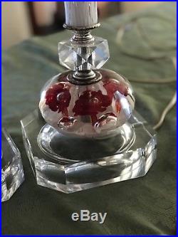 VTG Pair Large Joe St. Clair Art Glass Paperweight Lamp Ruby Red Trumpet Flowers