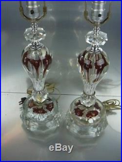 VTG Pair Large St. Clair Art Glass Paperweight Lamps Ruby Red Trumpet Flowers