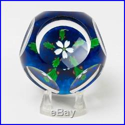 VTG Selkirk Glass Paperweight White Flower 78/500 Signed 1989 Facet Dark Blue 3