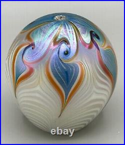 Vandermark Art Glass Iridescent Pulled Feather Paperweight Signed 3.5 High