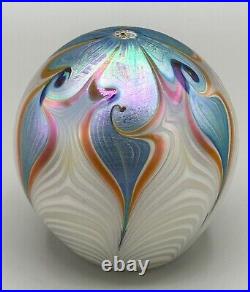 Vandermark Art Glass Iridescent Pulled Feather Paperweight Signed 3.5 High