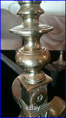 VintageRARE ST CLAIR CRYSTAL GLASS PAPERWEIGHT & BRASS old ANDIRONS Fireplace