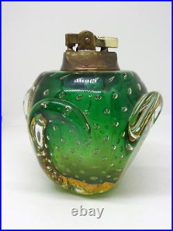 Vintage 1970's Murano Glass Paperweight Lighter Green Amber EUC
