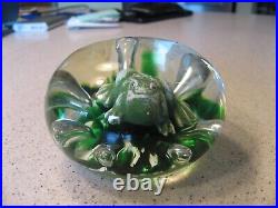 Vintage 1971 Maude and Bob St. Clair Glass Paperweight with Frog and Lilypad