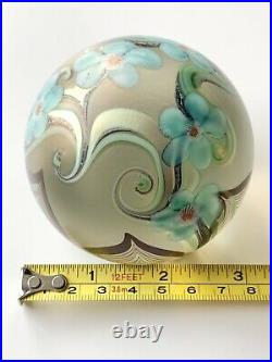 Vintage 1979 ORIENT & FLUME Art Glass Paperweight Feathered Leaves Blue Flowers