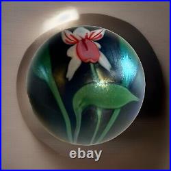 Vintage 1986 Orient & Flume Iridescent Blue Purple Iris Flower Glass Paperweight