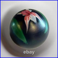 Vintage 1986 Orient & Flume Iridescent Blue Purple Iris Flower Glass Paperweight