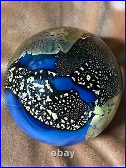 Vintage 1993 Randy Strong Signed Art Glass Paperweight Black, Gold, Blue