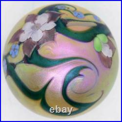 Vintage American Orient & Flume Art Glass Iridescent Gold Floral Paperweight 198