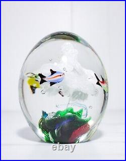 Vintage Art Glass 3 Fish Aquarium Large Multicolor Egg Shape Paperweight Rare