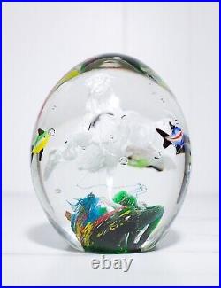 Vintage Art Glass 3 Fish Aquarium Large Multicolor Egg Shape Paperweight Rare