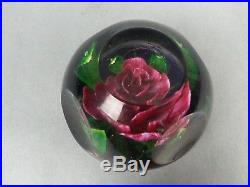 Vintage Art Glass Dot Faceted Side PInk Flower Green Leaf Paperweight