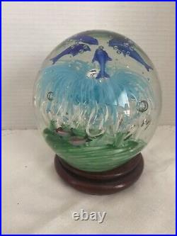 Vintage Art Glass Seascape with Dolphins, Fish, Bubbles Heavy Paperweight